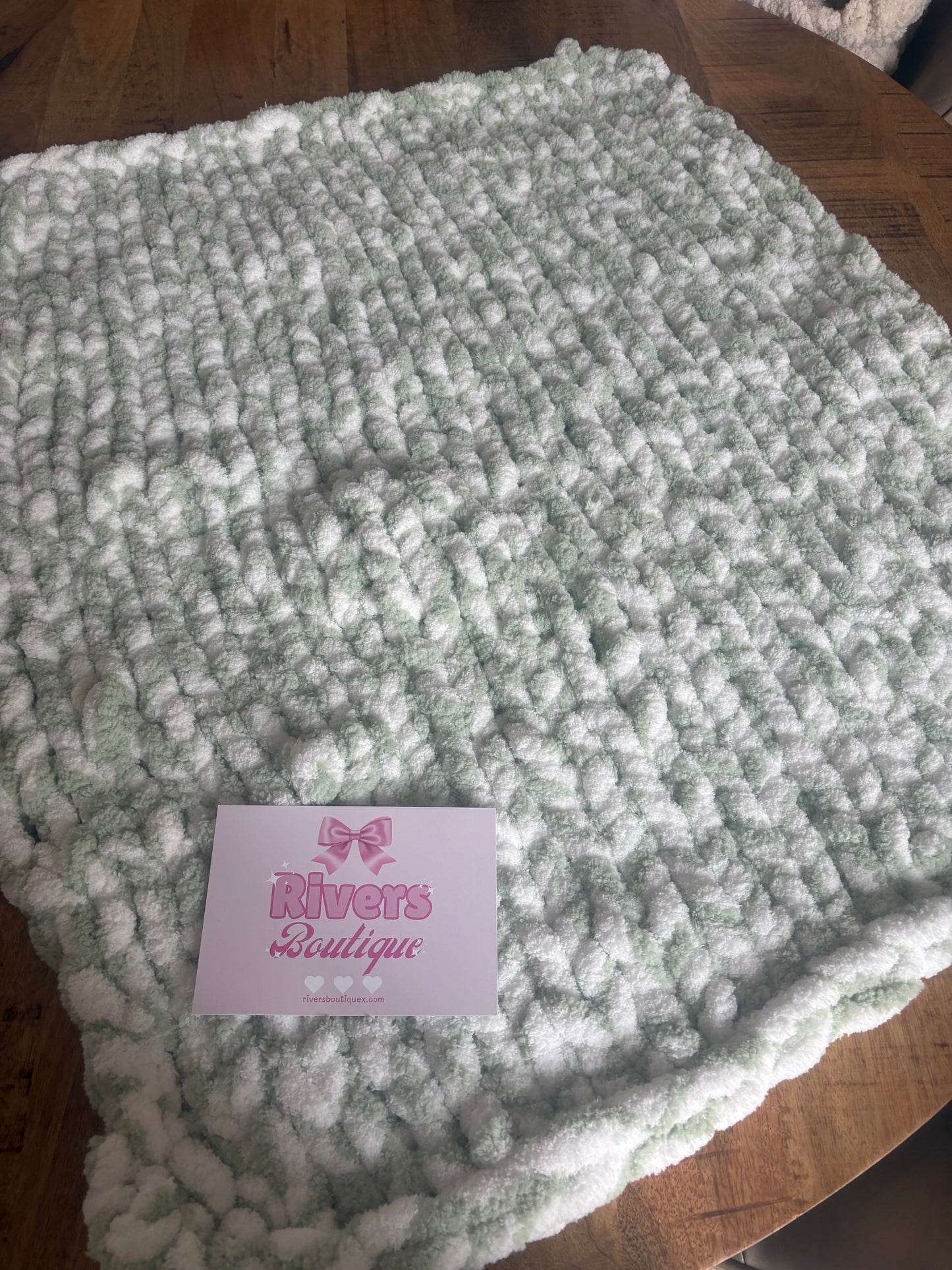 Chunky Baby Blanket Chenille Yarn Handmade Green/White
