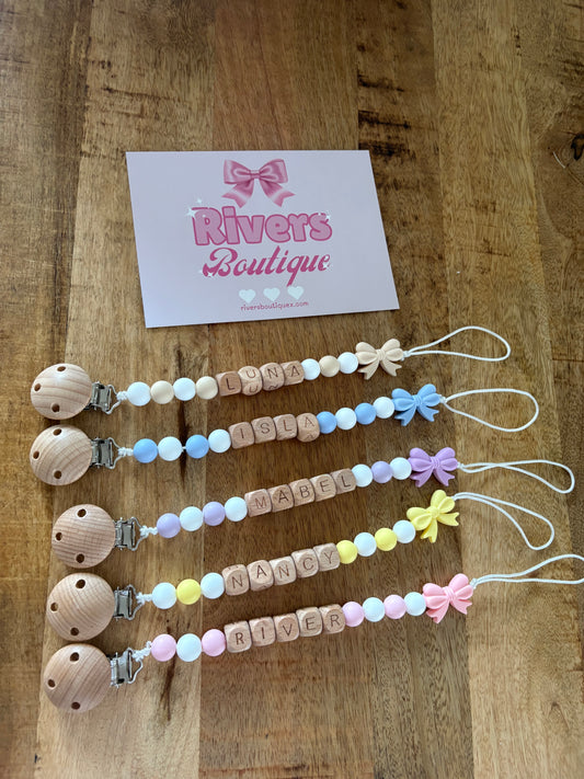 Personalised Baby Dummy Clip Bow Detail