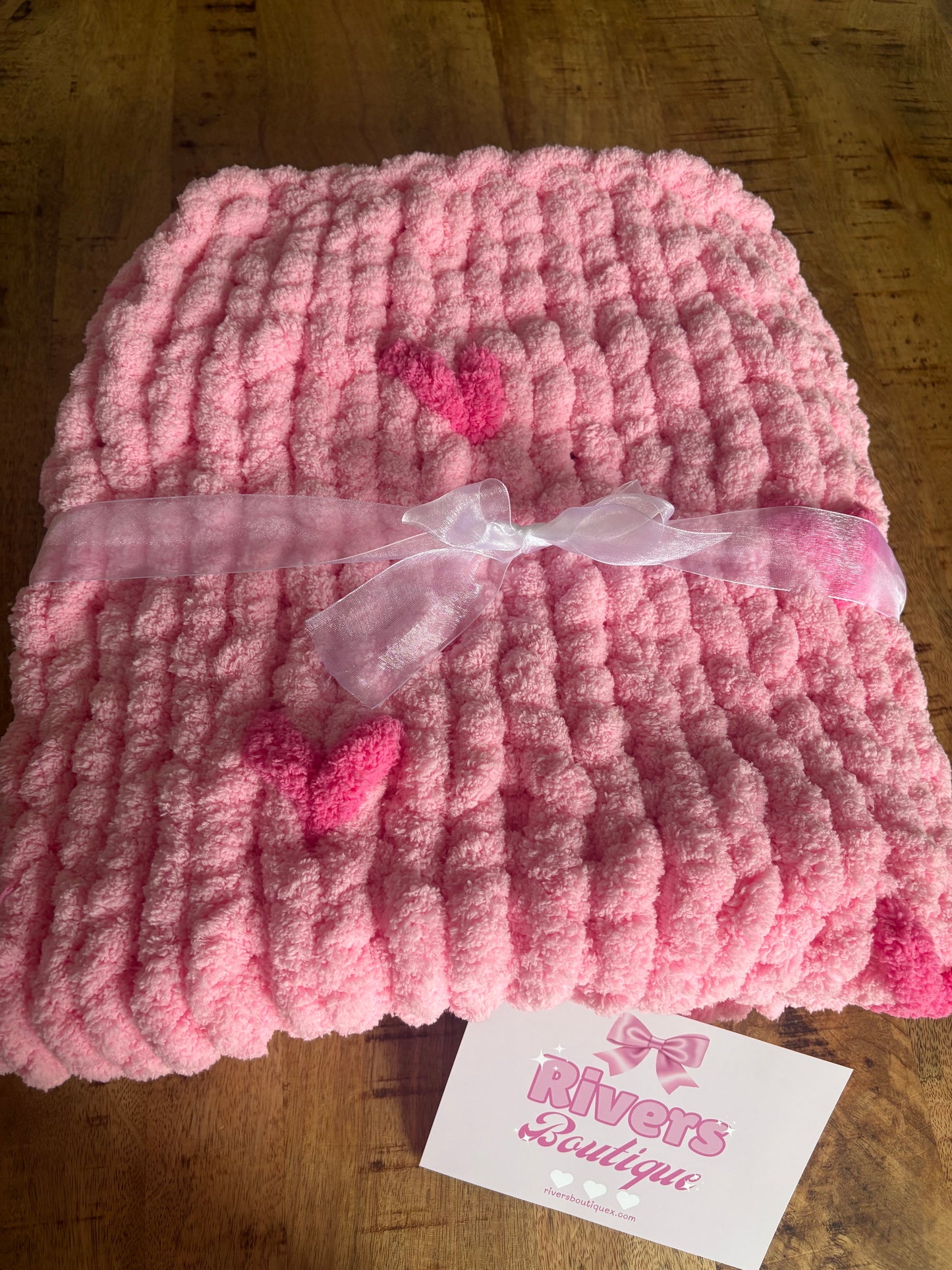 Chunky Handmade Chenille Baby Blanket Pink Hearts