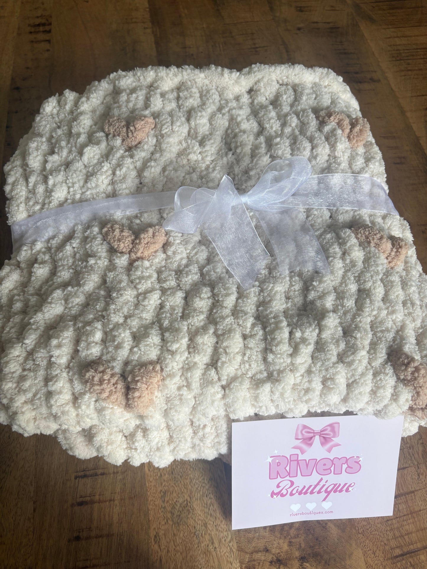Chunky Handmade Chenille Blanket Beige Hearts