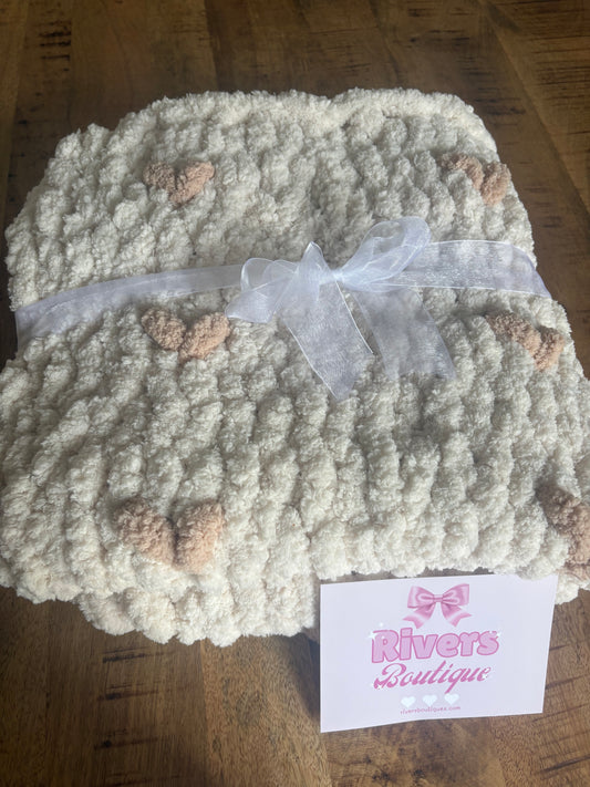 Chunky Handmade Chenille Blanket Beige Hearts