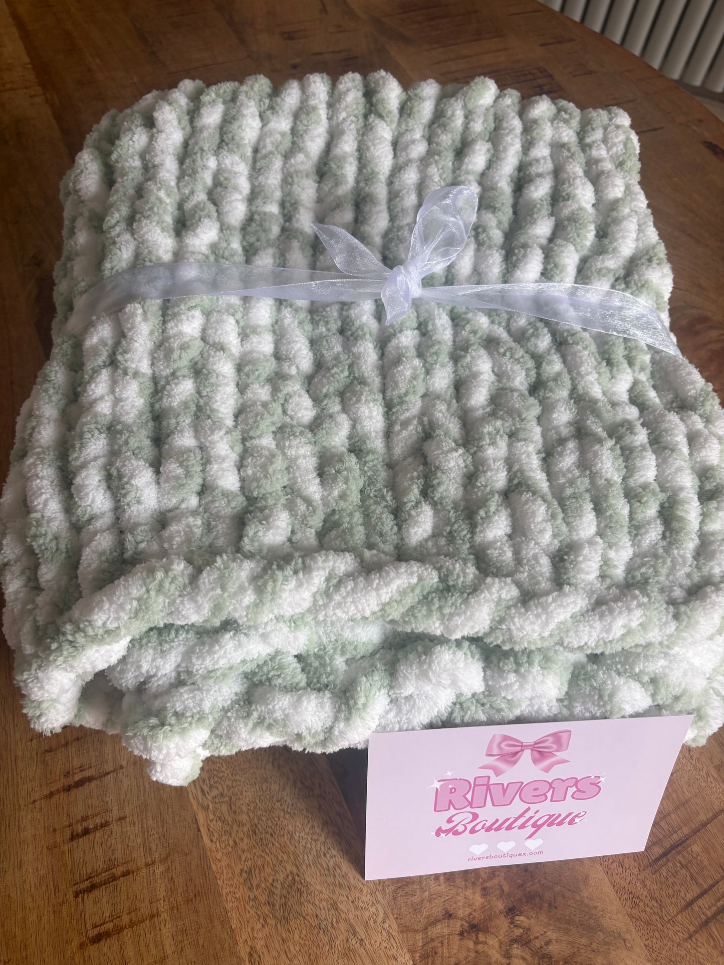 Chunky Baby Blanket Chenille Yarn Handmade Green/White