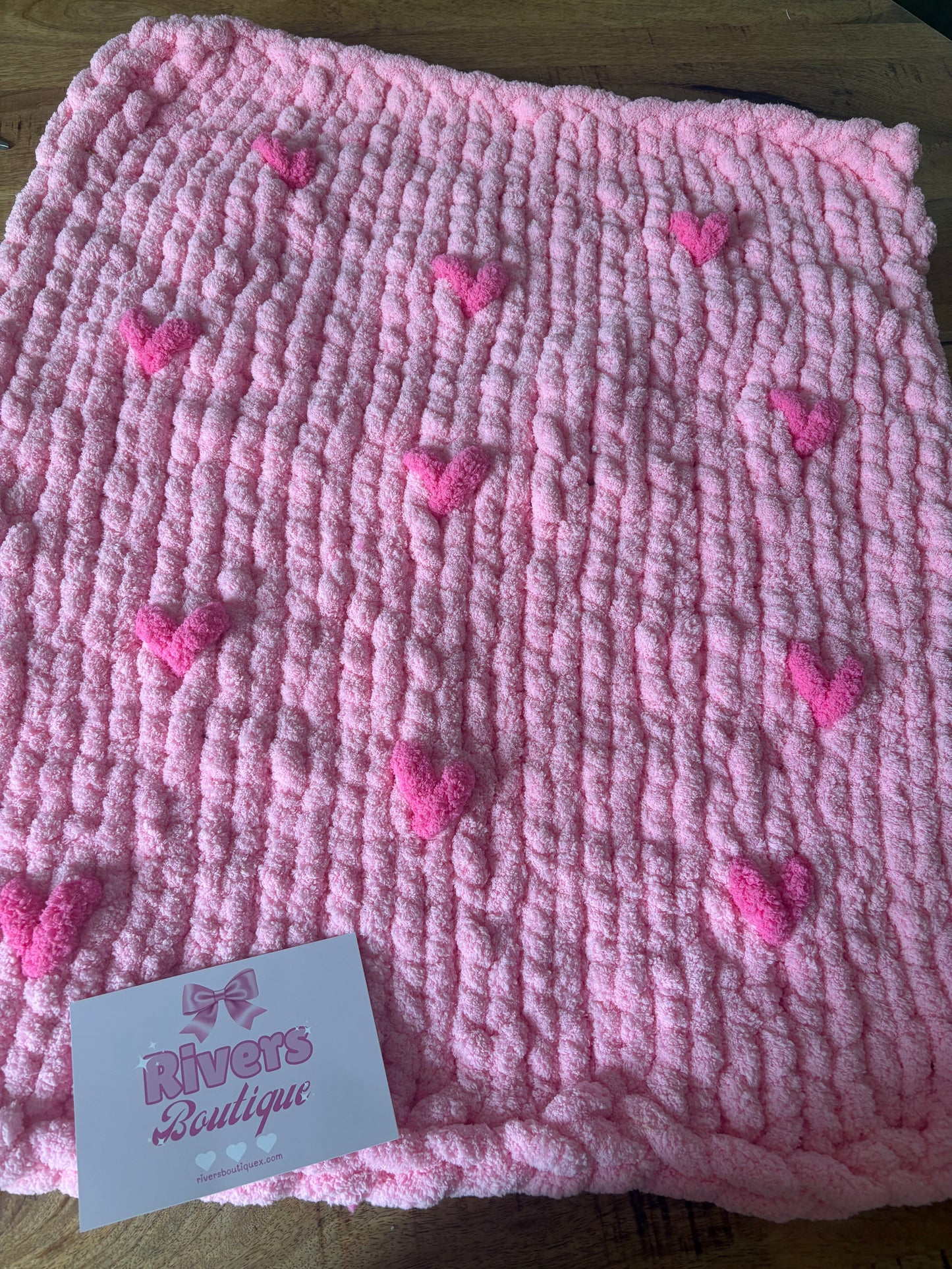 Chunky Handmade Chenille Baby Blanket Pink Hearts